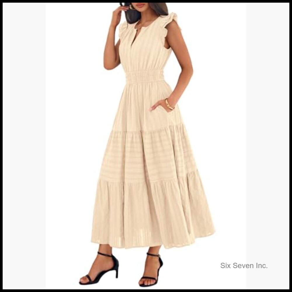 Breathable Cotton Maxi Dress with Pockets, Flutter Sleeves, Elastic Waist - Picture 5 of 7